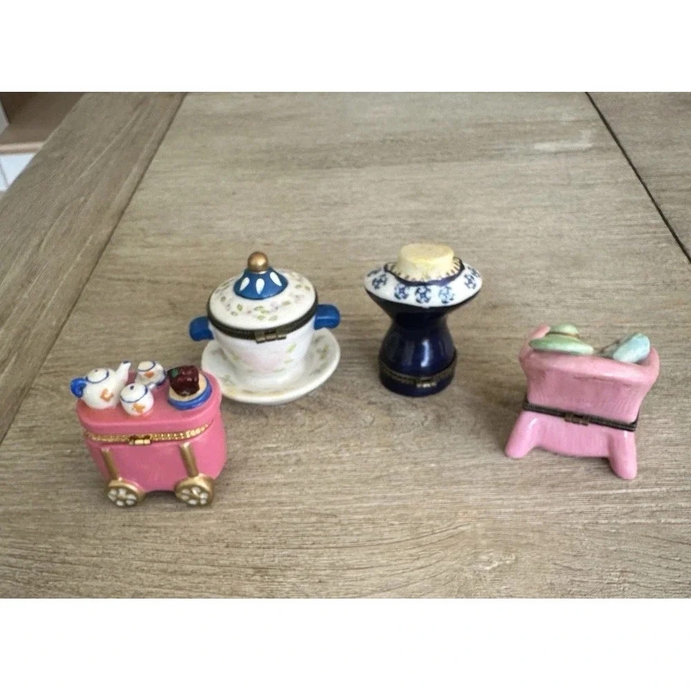 VTG Lot Of 4 Trinket Boxes - Unique Assortment Tea set, ladies chair and bust